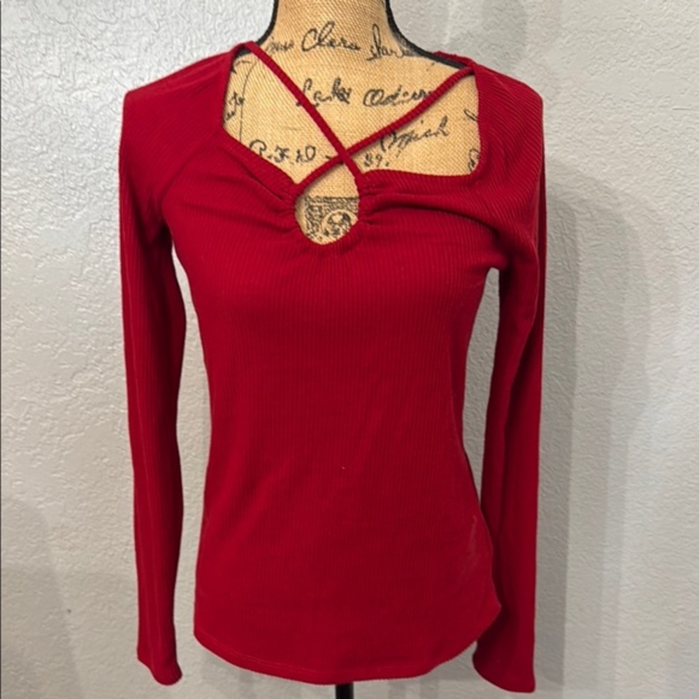 Maurices Red Blouse with Long Sleeves and Asymmetrical Cut Out